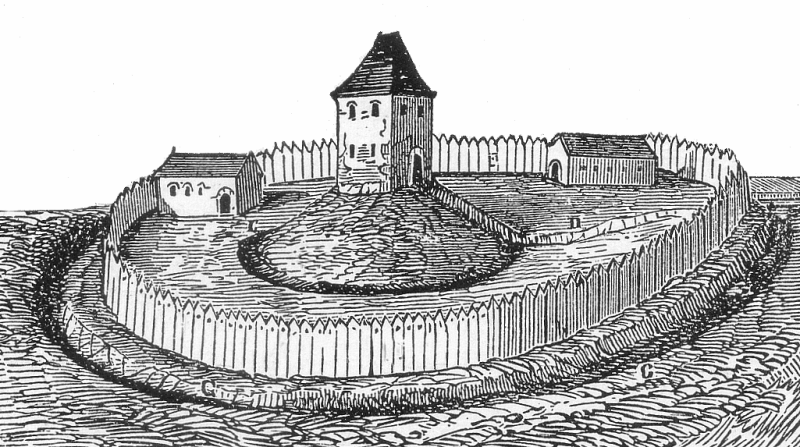 Früher Rekonstruktionsversuch eines château à motte im 19. Jahrhundert. 