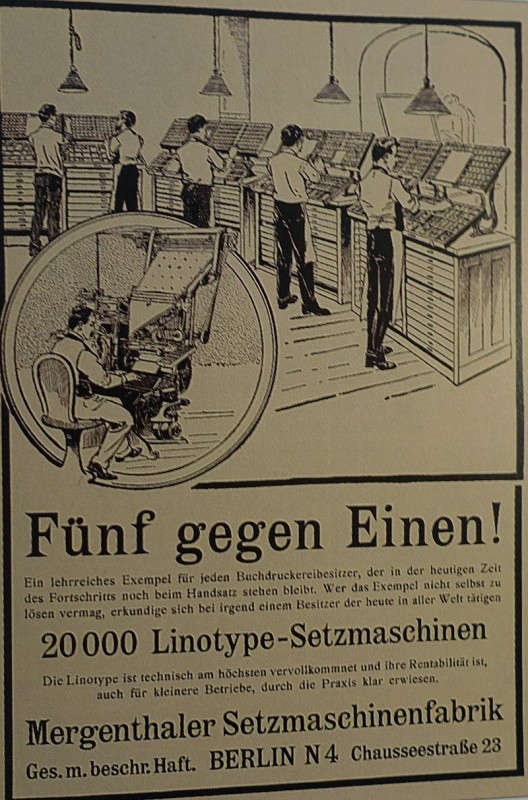 Werbung für Linotype-Setzmaschinen um 1905